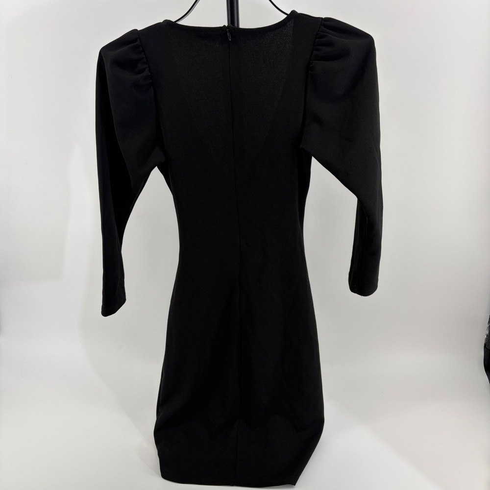 Revamped Womens Black Ruched‎ Surplice V-Neck Puff Sleeve Mini Dress XS - Picture 2 of 7